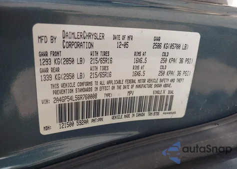 2006 Chrysler Town & Country Touring из США, поврежденный, VIN 2A4GP54L56R760008